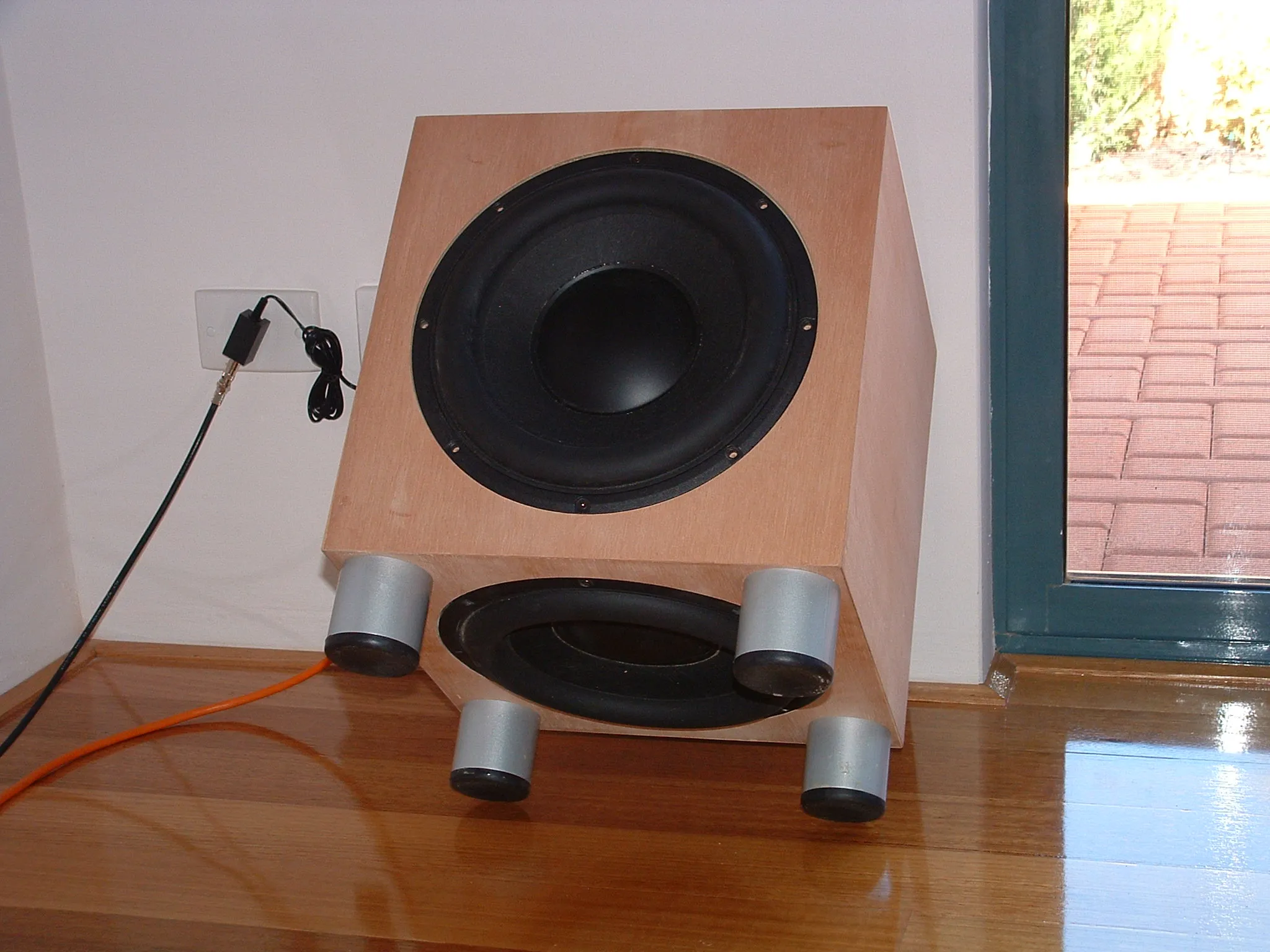 DIY subwoofer project: final assembled subwoofer on stand or floor.