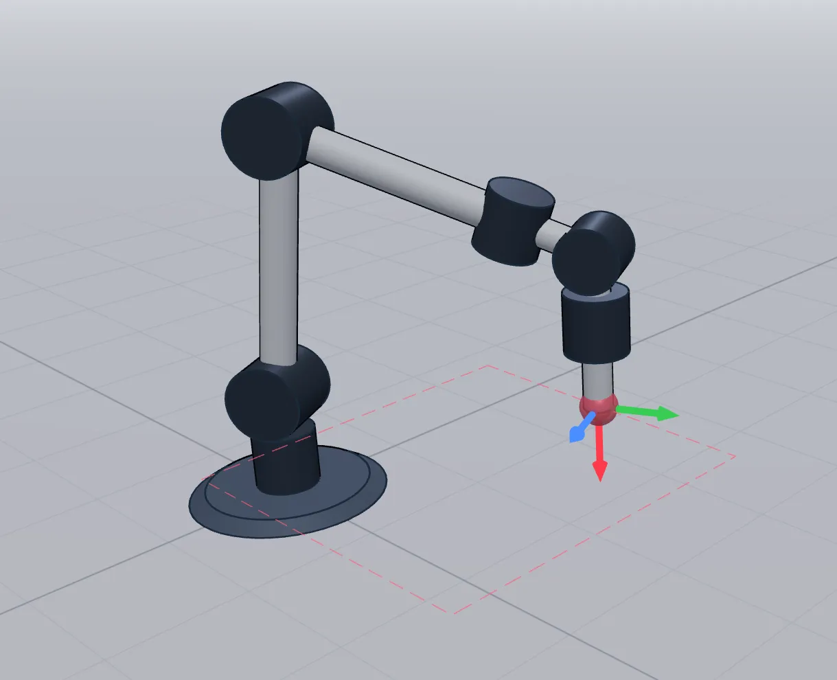 3D robot arm on a circular base over a gridded floor, grey links and black joints, red spherical end-effector with RGB axis gizmo; dashed red rectangle on the floor suggests workspace bounds.