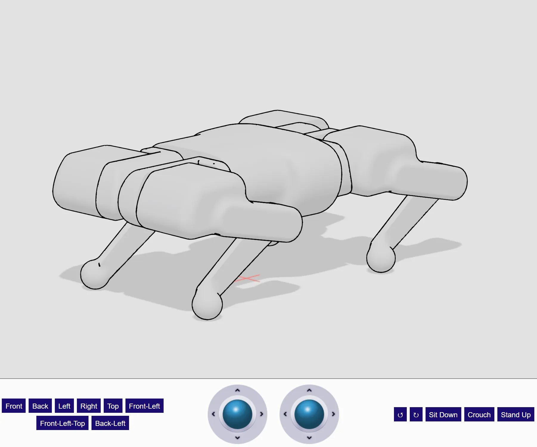 Stylized light grey quadruped robot in a crouched stance on a neutral background; viewer UI at bottom with camera preset buttons, twin circular control pads, and pose buttons (Sit Down, Crouch, Stand Up).