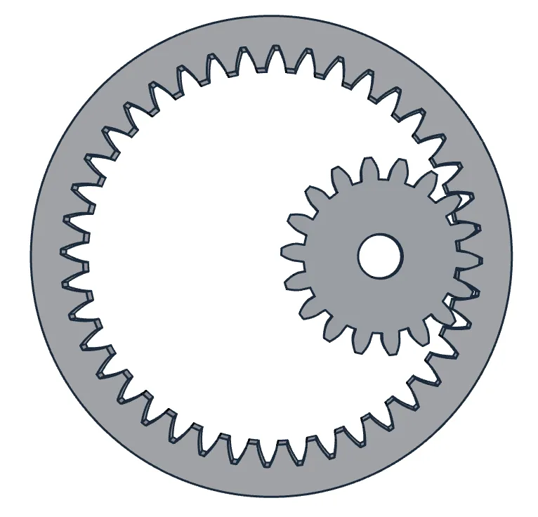 CAD-style illustration of a small pinion gear meshing with the internal teeth of a large ring gear, grey gears with dark outlines on a white background.