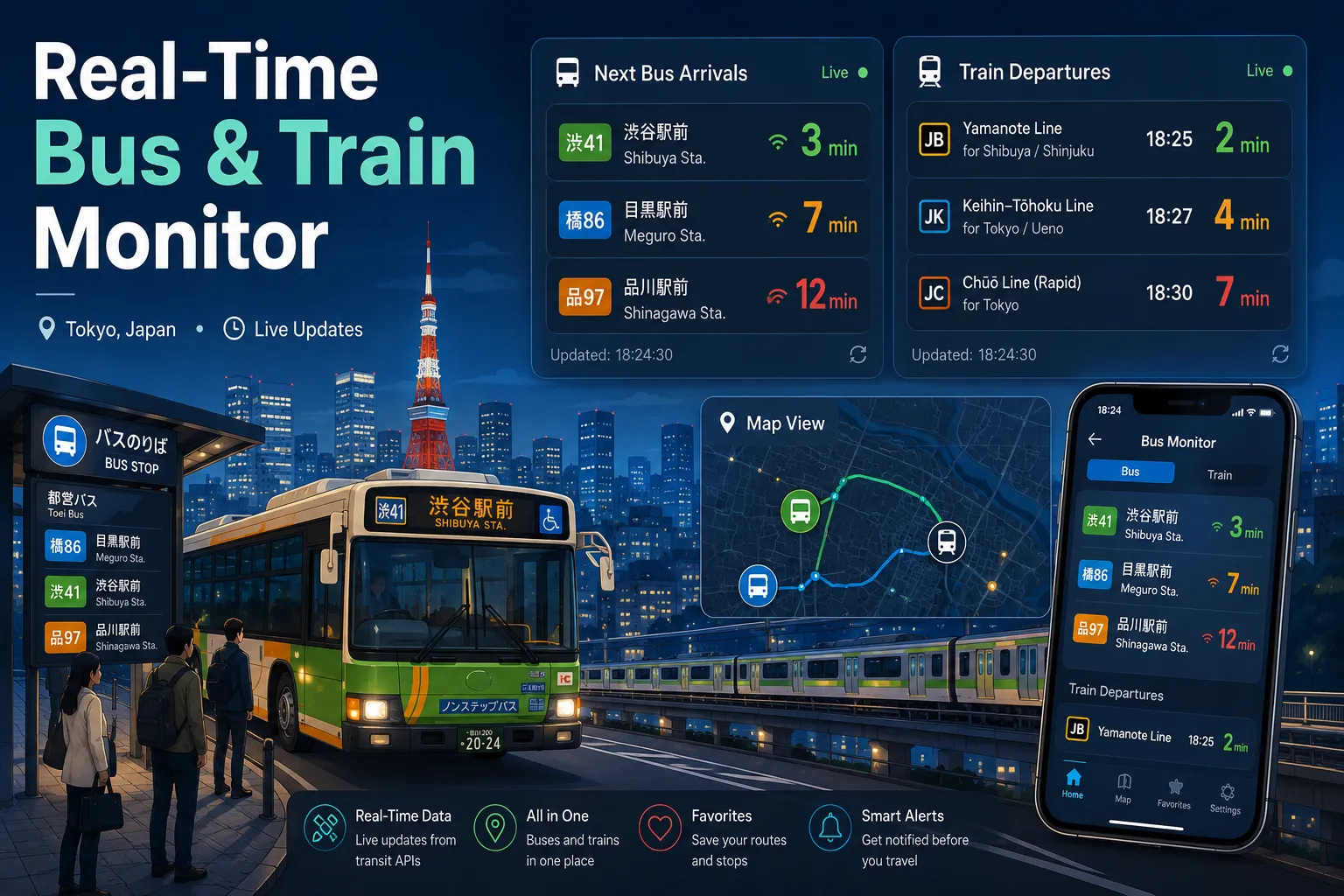 Promotional graphic for a real-time Tokyo bus and train monitor: night city scene with Toei bus at a stop, passing train, Tokyo Tower, live arrival widgets, map view, and phone UI showing route countdowns.