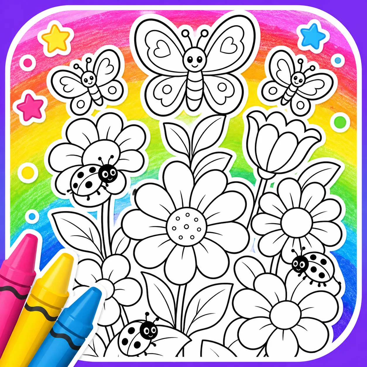 Kids Fun Art cover: rainbow crayon-textured background with a white-bordered garden coloring sheet (butterflies, flowers, ladybugs) and scattered stars and crayons.