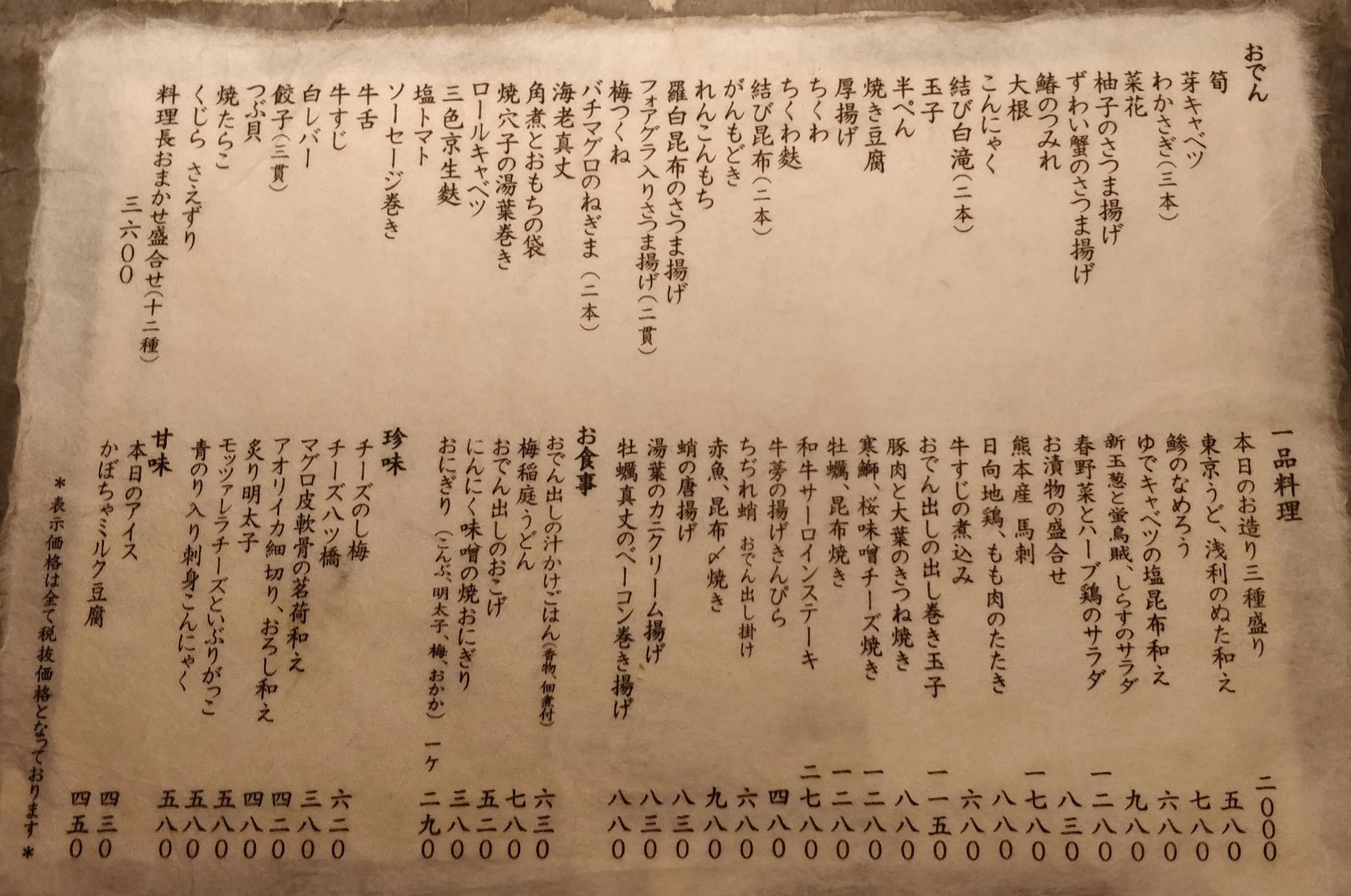 Dense vertical Japanese restaurant menu (oden / ippin style) photographed as a real-world OCR target for the crop-and-predict demo.